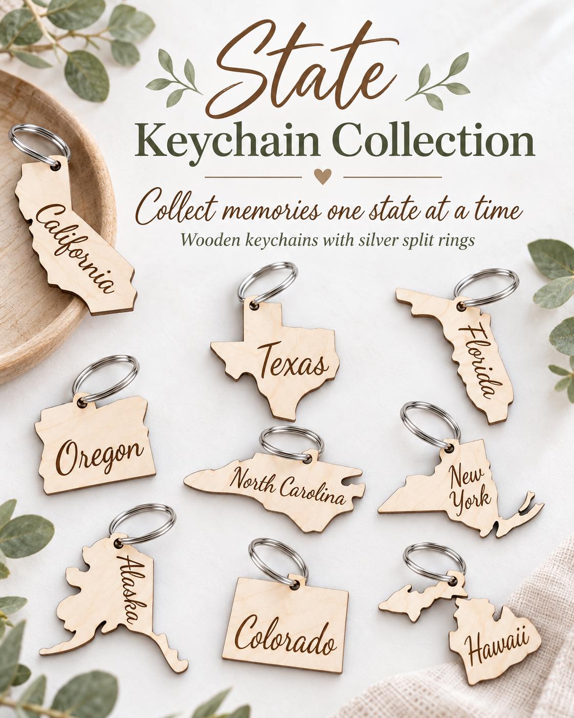Wooden state shaped keychain on a metal key ring