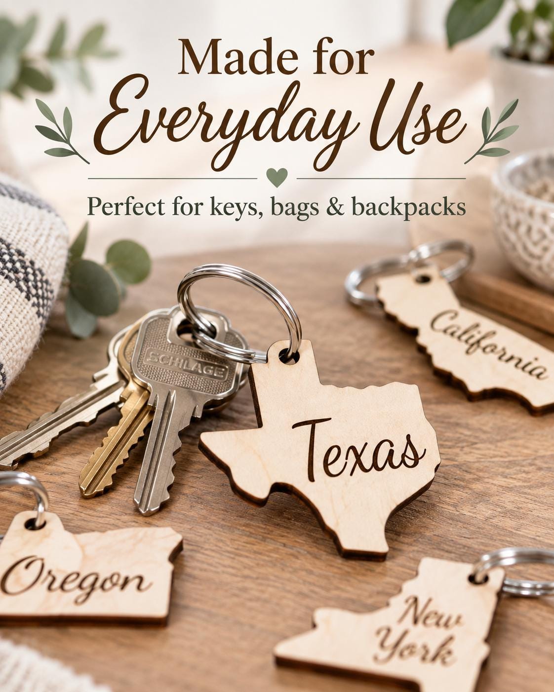 Wooden state shaped keychain on a metal key ring