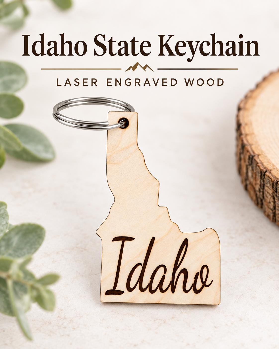 Idaho shaped wooden keychain engraved Idaho