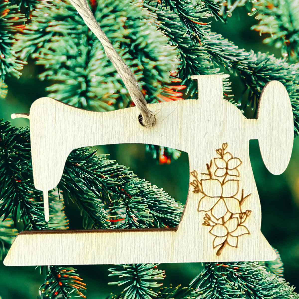 Wooden vintage sewing machine Christmas ornament with floral engraving