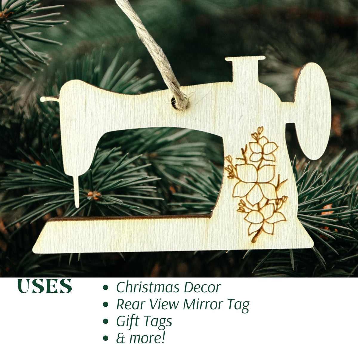 Wooden vintage sewing machine Christmas ornament with floral engraving