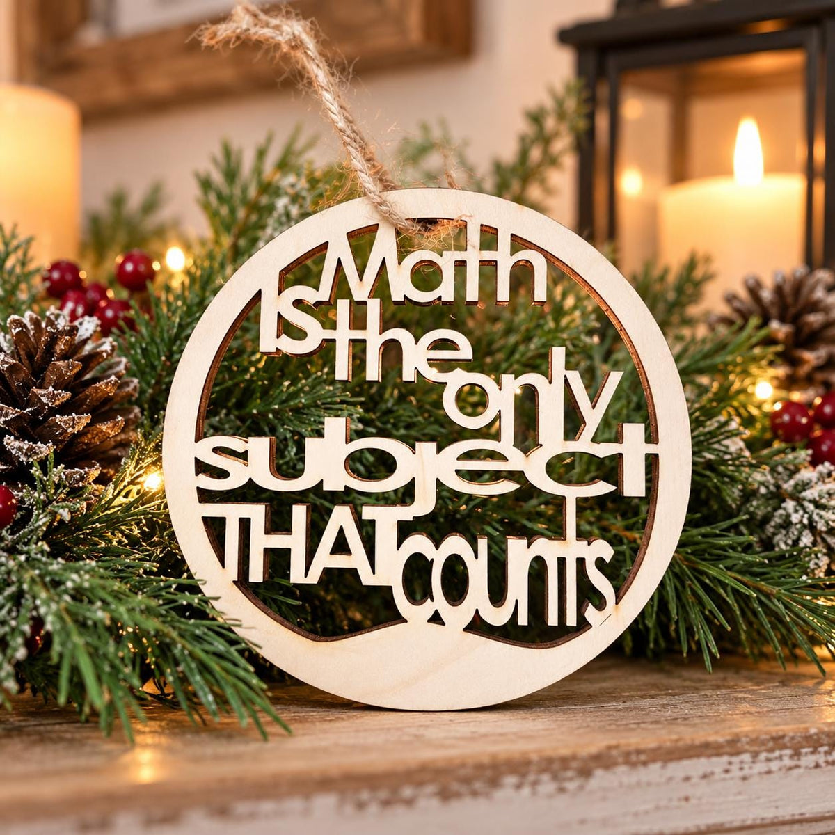 Wooden math teacher Christmas ornament reading Math is the only subject that counts