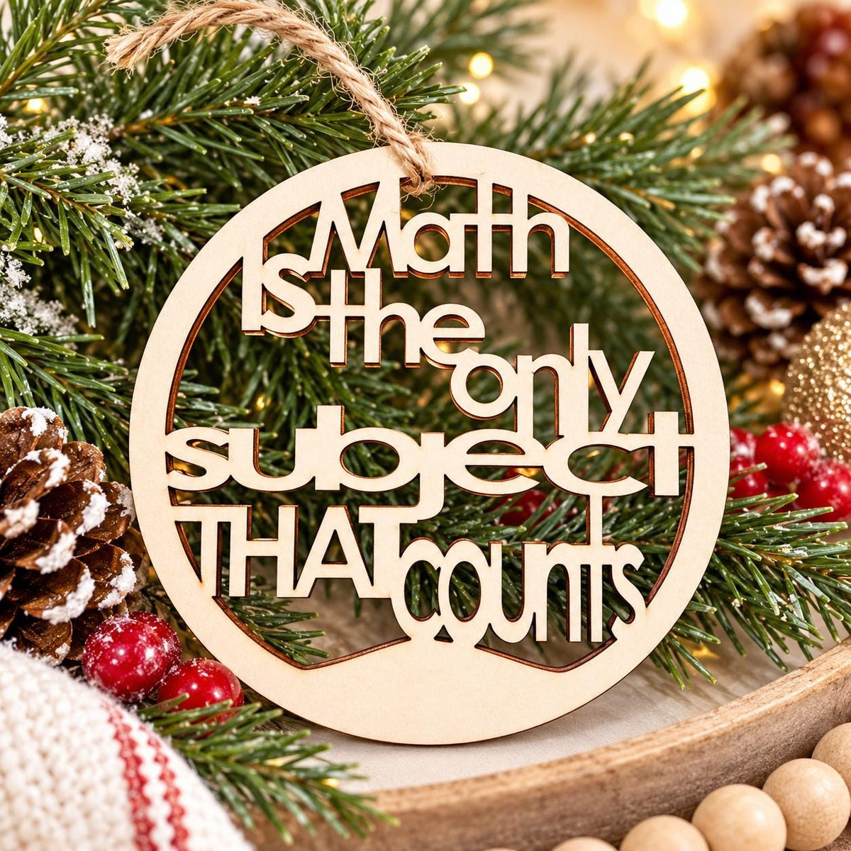 Wooden math teacher Christmas ornament reading Math is the only subject that counts