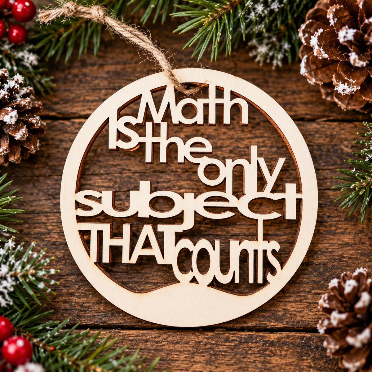 Wooden math teacher Christmas ornament reading Math is the only subject that counts