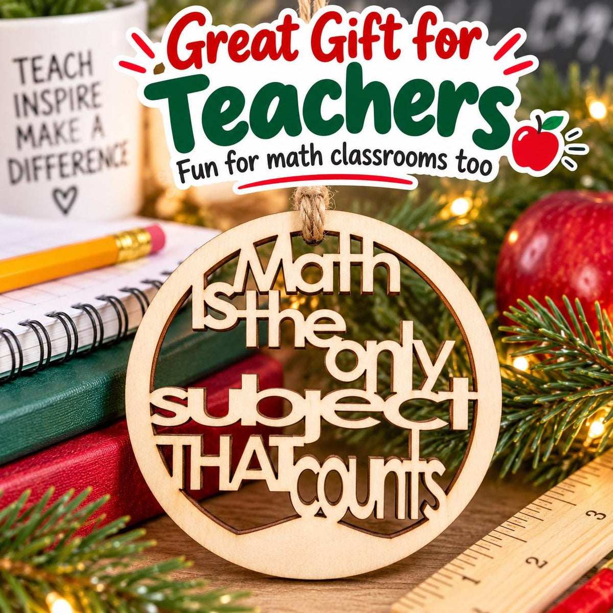 Wooden math teacher Christmas ornament reading Math is the only subject that counts