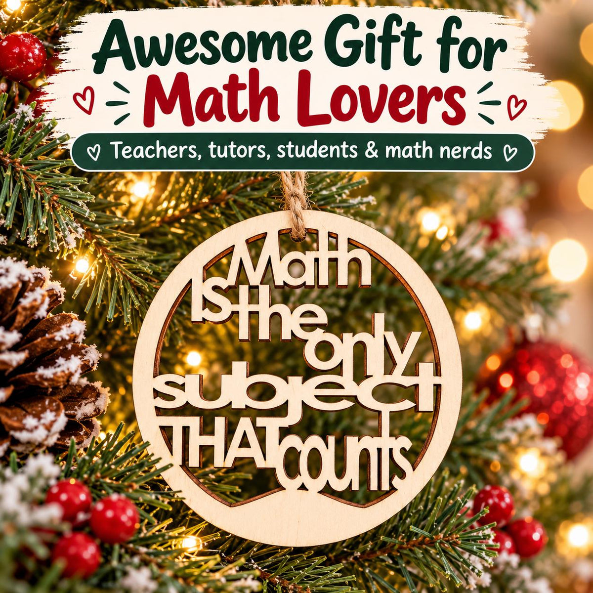 Wooden math teacher Christmas ornament reading Math is the only subject that counts