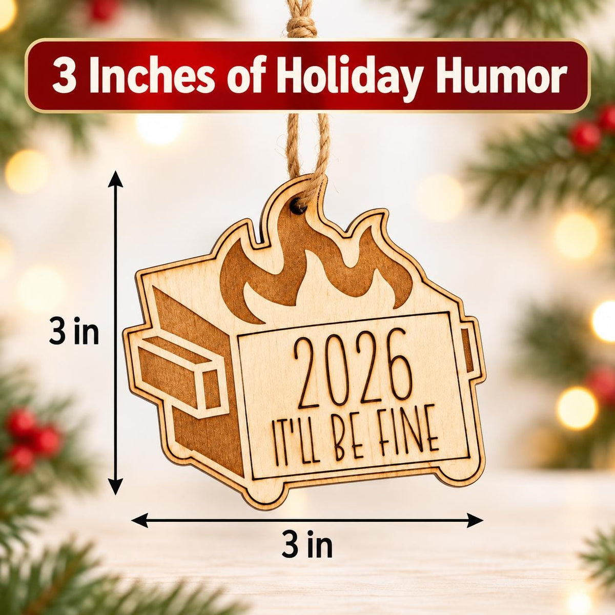 Wooden dumpster fire Christmas ornament engraved 2026 It will be fine