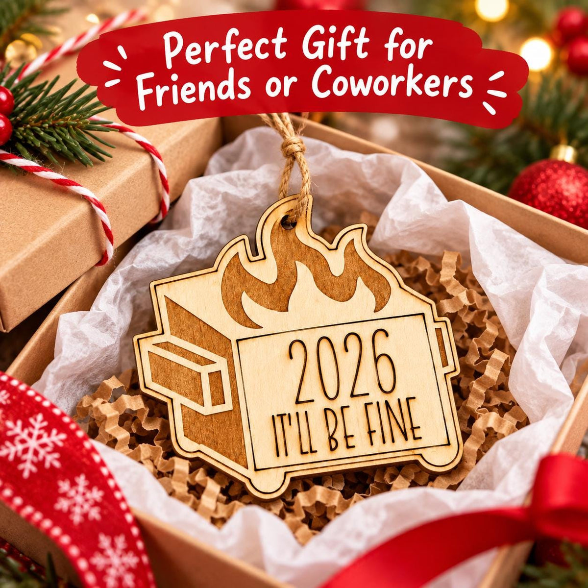Wooden dumpster fire Christmas ornament engraved 2026 It will be fine