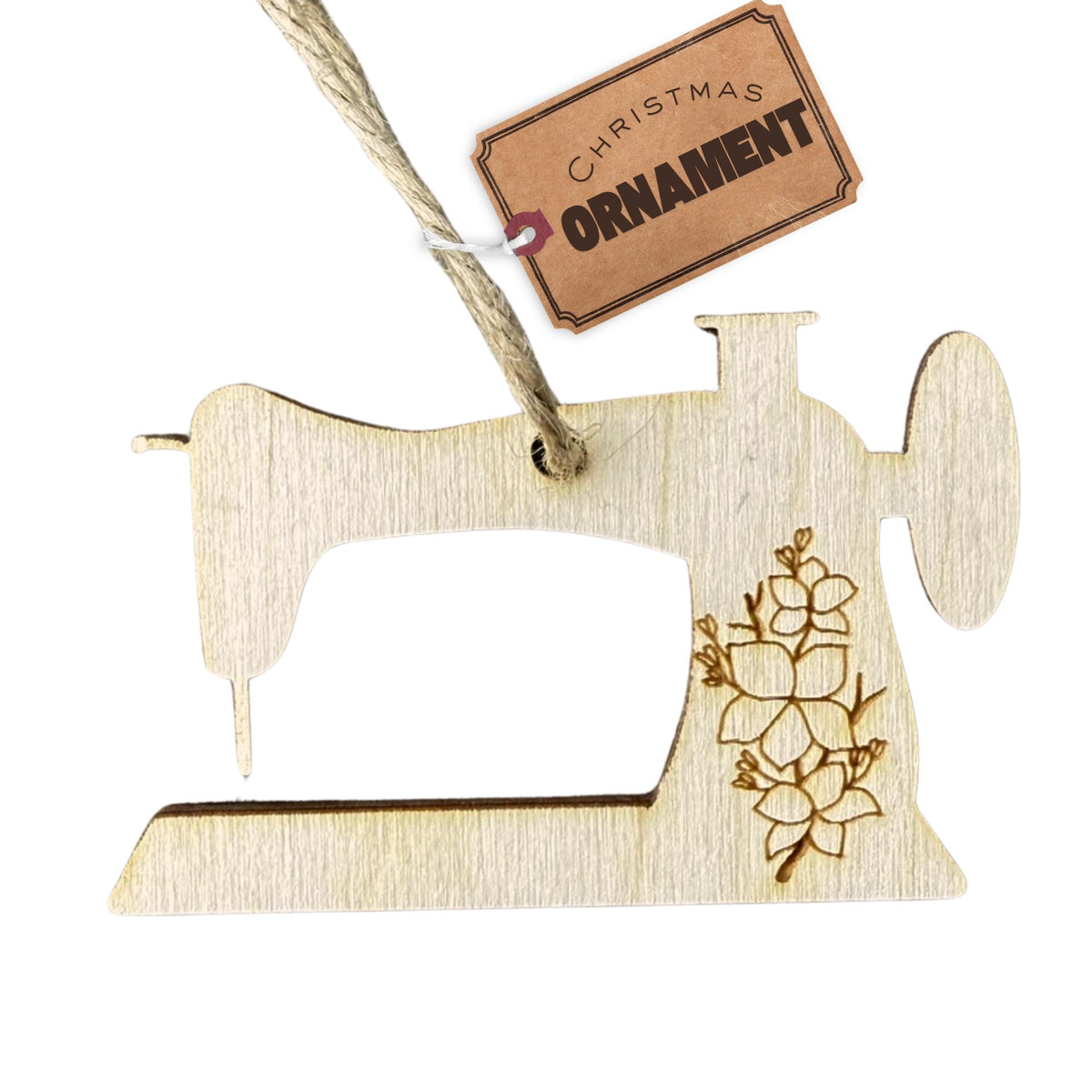 Wooden vintage sewing machine Christmas ornament with floral engraving