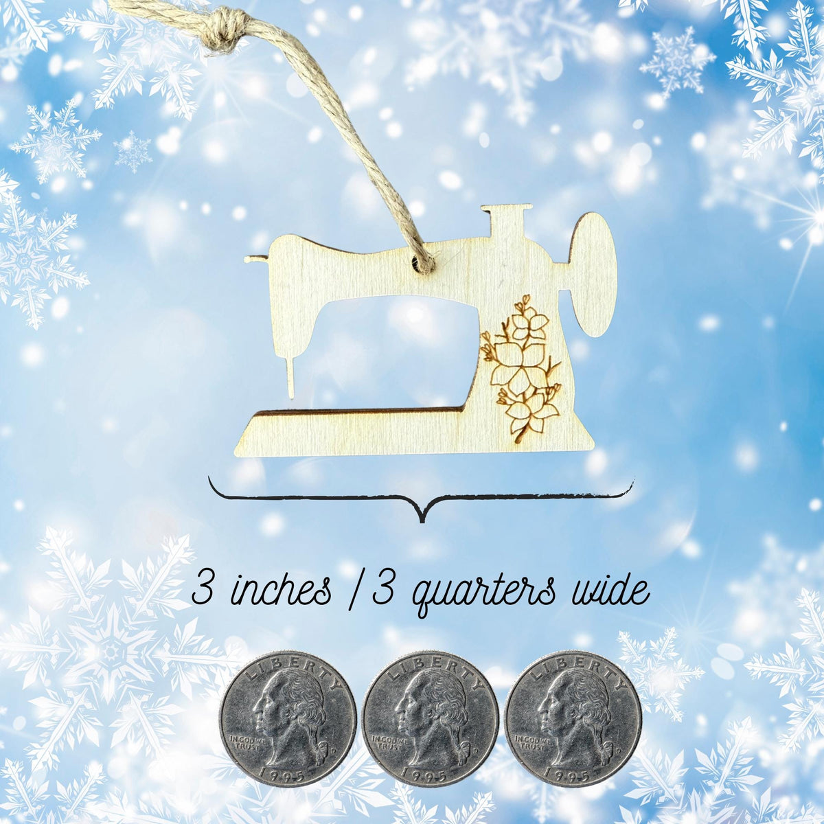 Wooden vintage sewing machine Christmas ornament with floral engraving