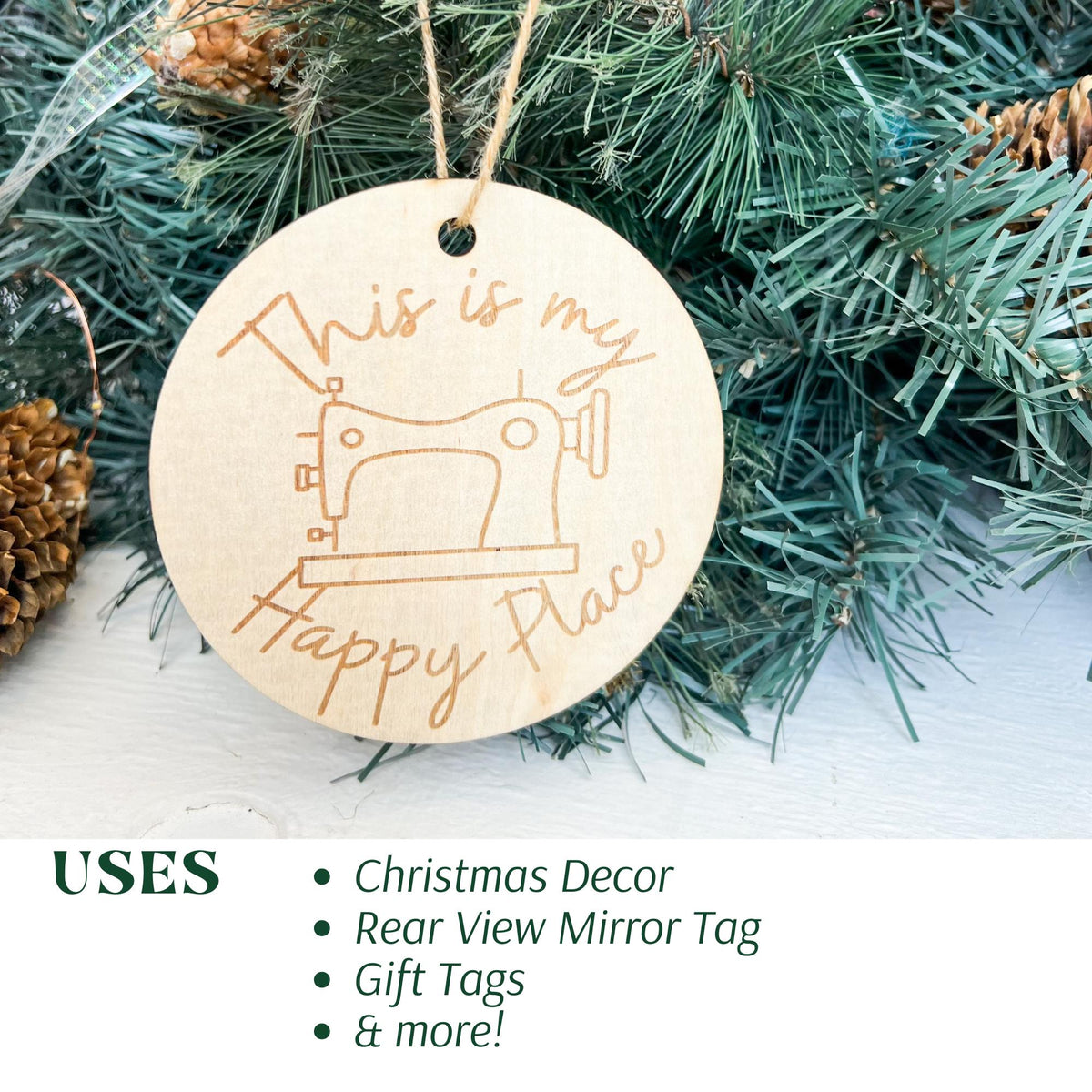 Round wooden sewing room ornament engraved This is my Happy Place with sewing machine