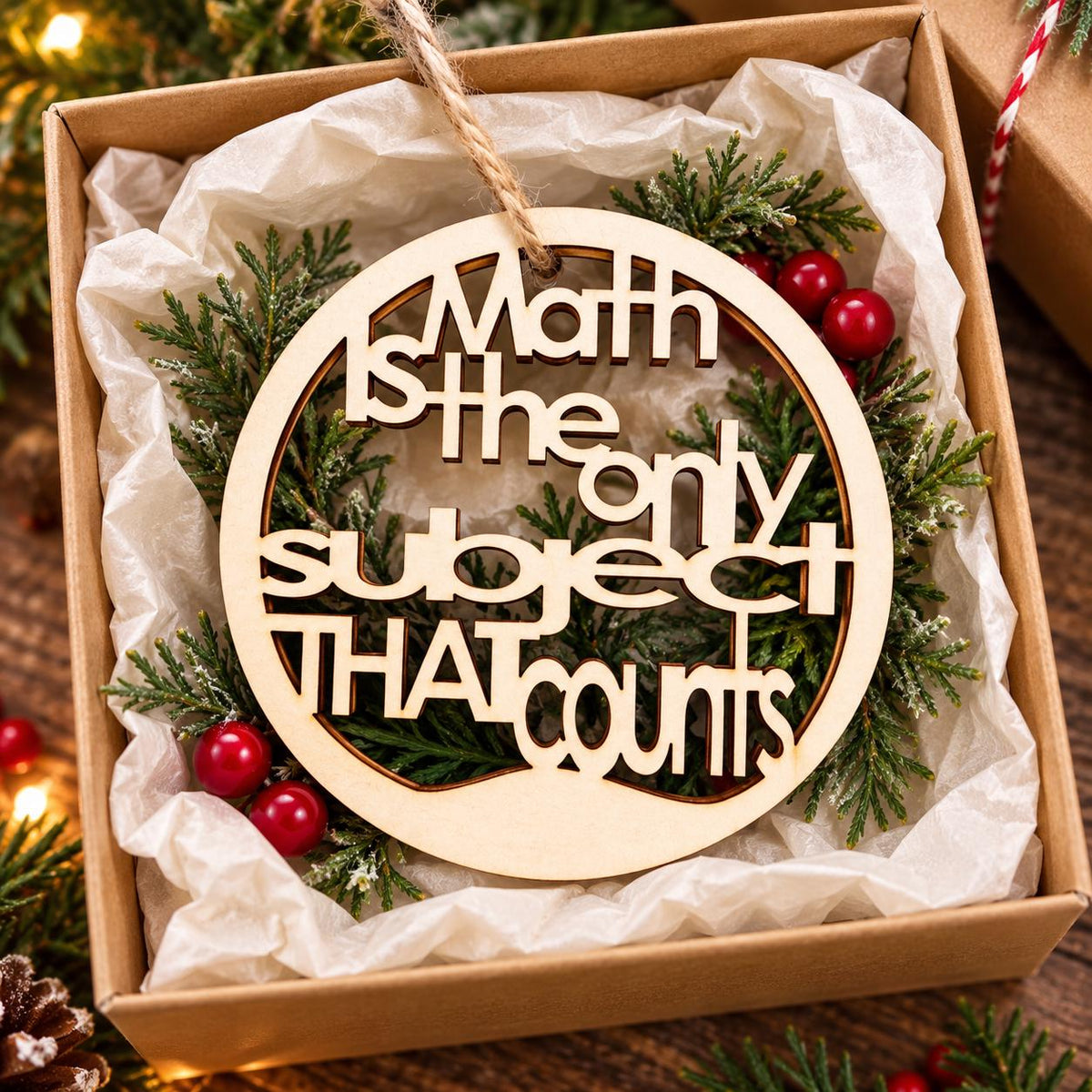 Wooden math teacher Christmas ornament reading Math is the only subject that counts