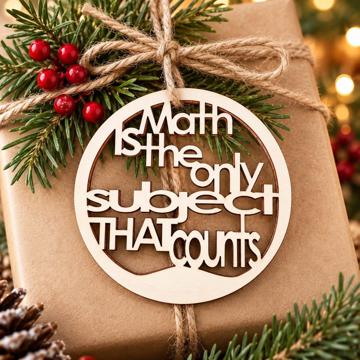 Wooden math teacher Christmas ornament reading Math is the only subject that counts