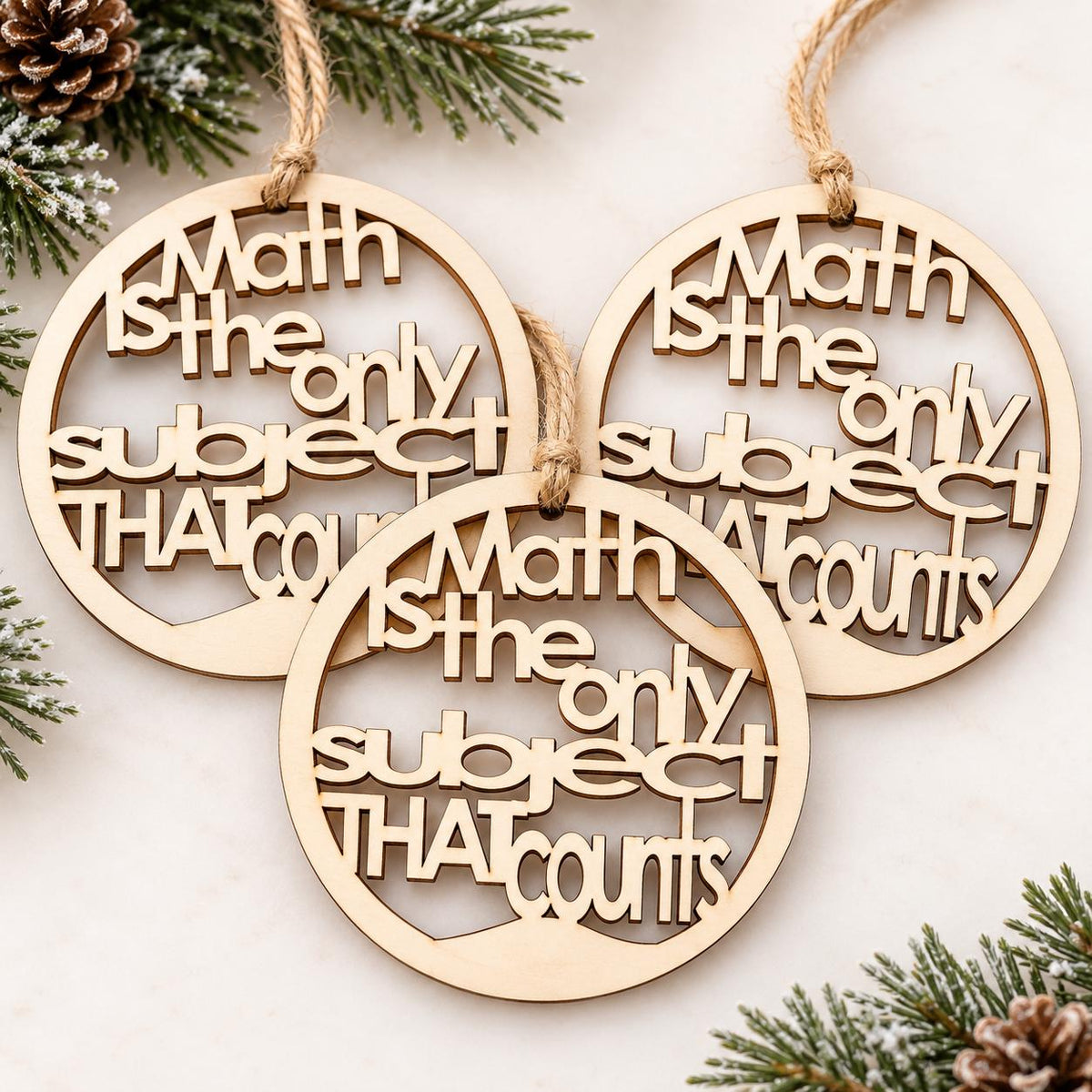 Wooden math teacher Christmas ornament reading Math is the only subject that counts