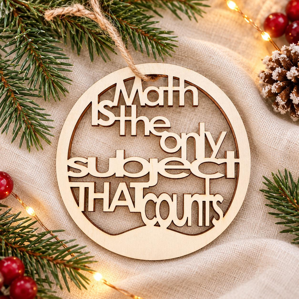 Wooden math teacher Christmas ornament reading Math is the only subject that counts