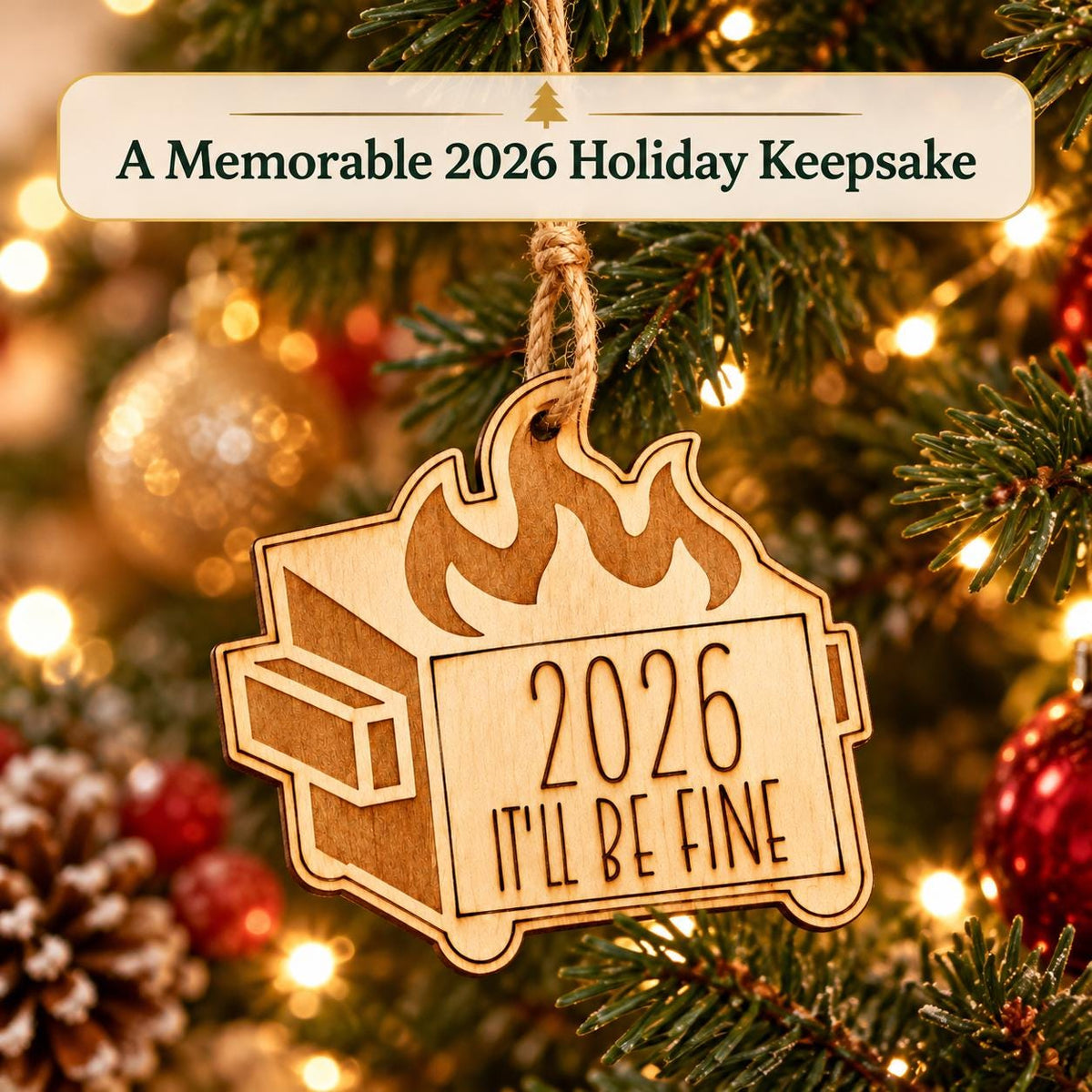 Wooden dumpster fire Christmas ornament engraved 2026 It will be fine