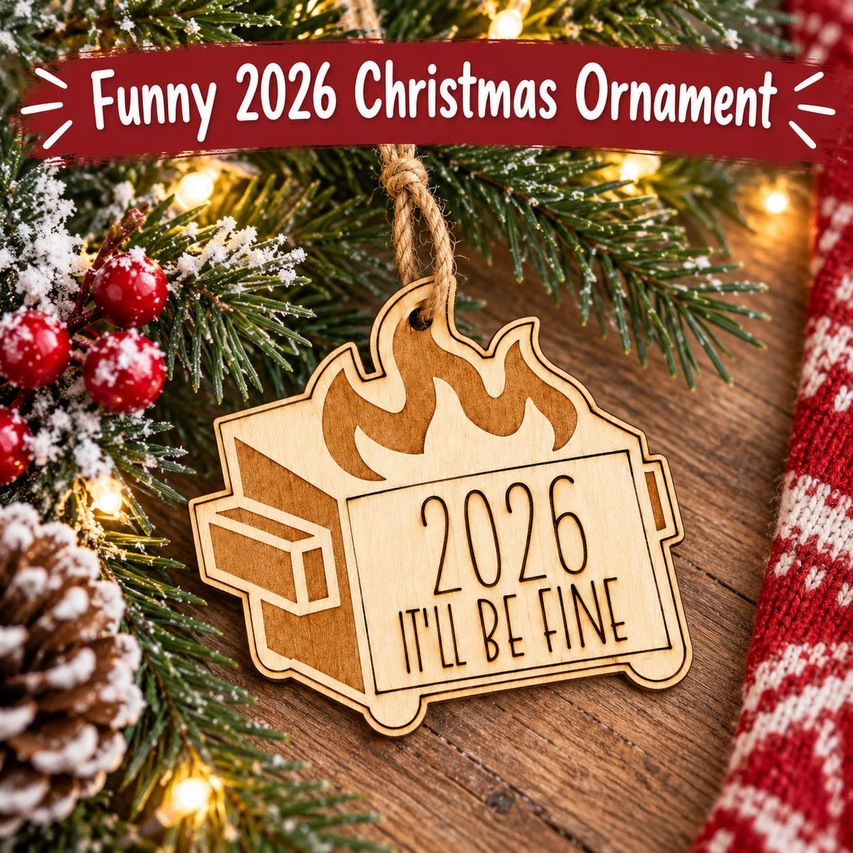Wooden dumpster fire Christmas ornament engraved 2026 It will be fine