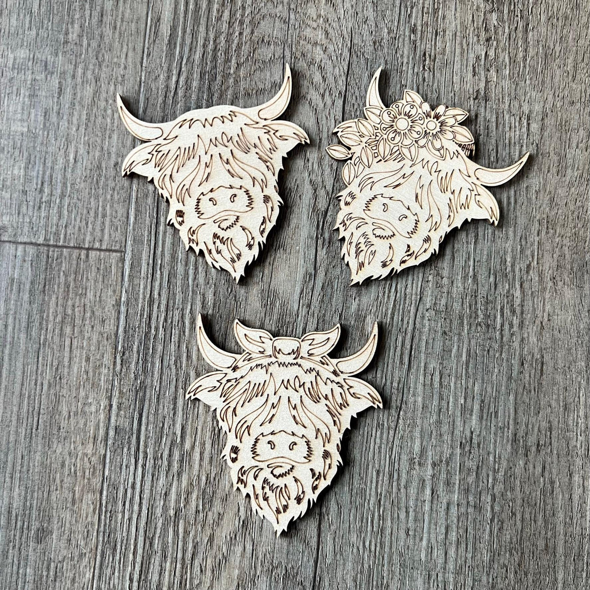 Unfinished wooden highland cow Christmas ornament to paint