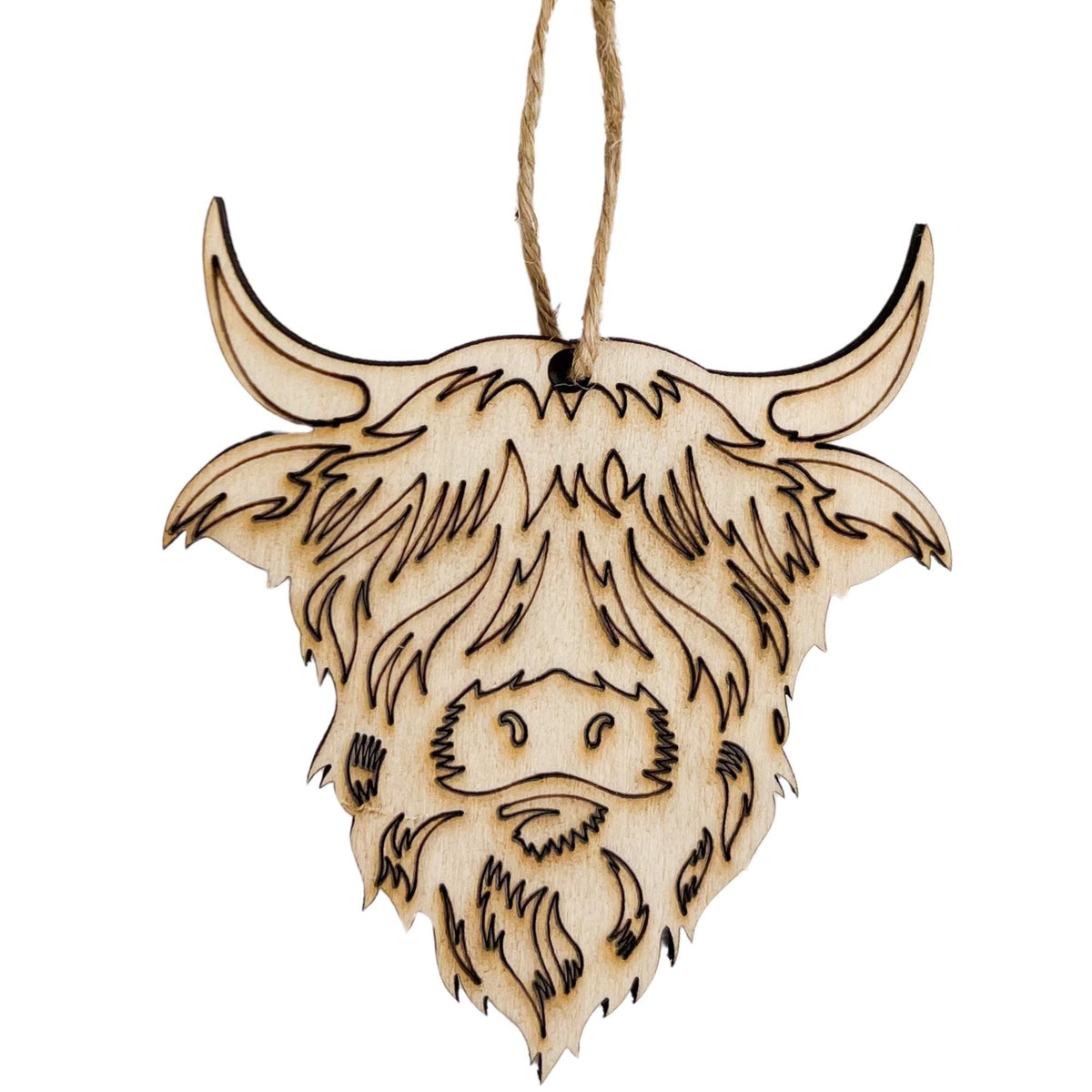 Unfinished wooden highland cow Christmas ornament to paint