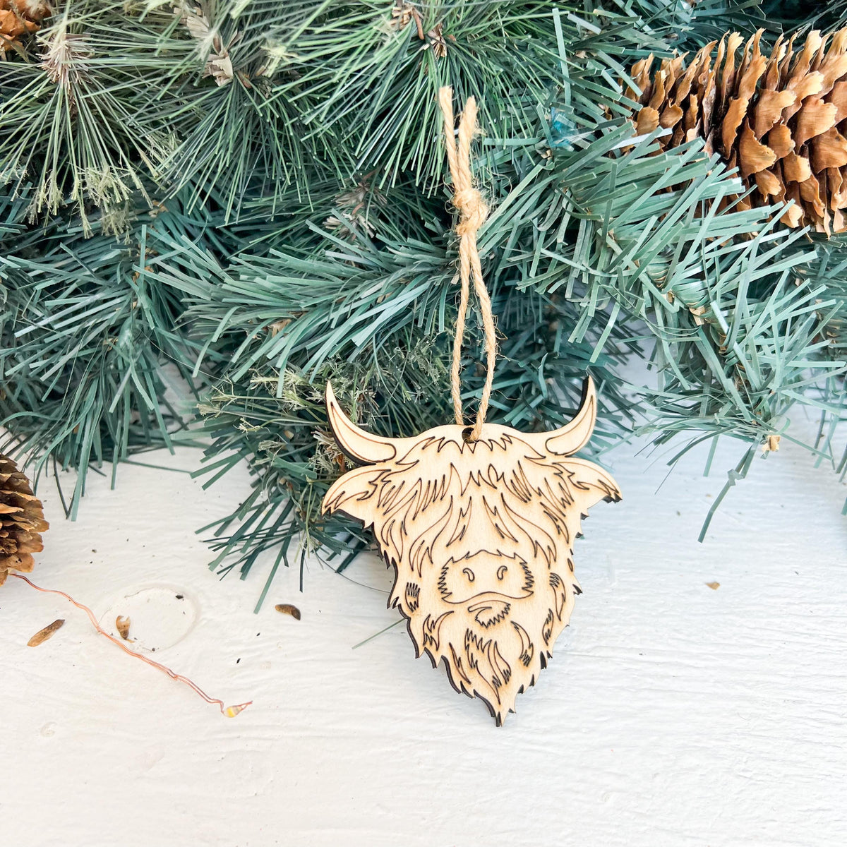 Unfinished wooden highland cow Christmas ornament to paint