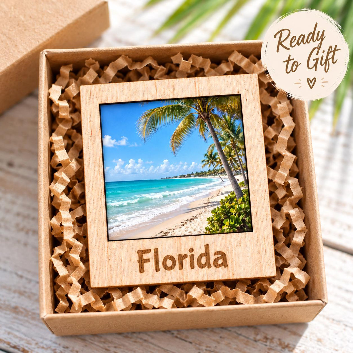 Wooden polaroid style photo magnet engraved Florida