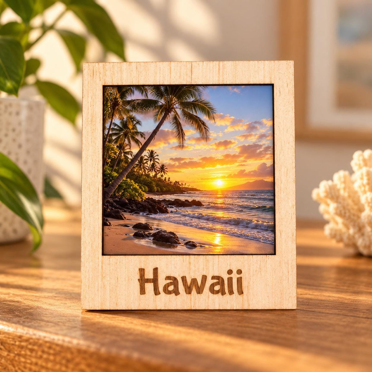 Wooden polaroid style photo magnet engraved Hawaii