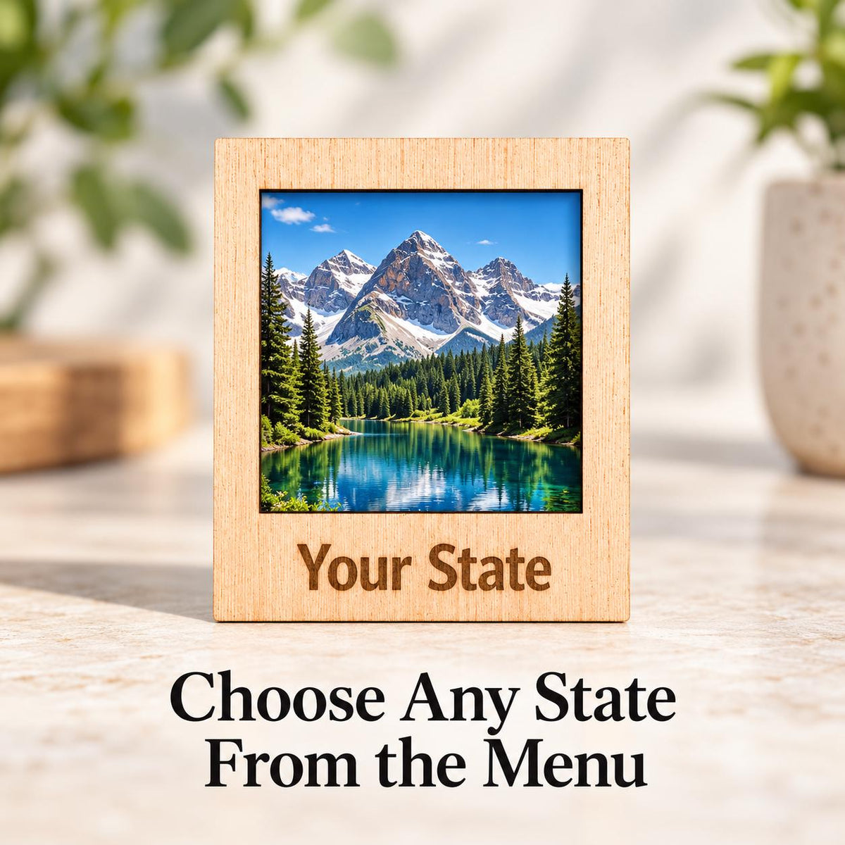 Wooden polaroid style photo magnet engraved State Name