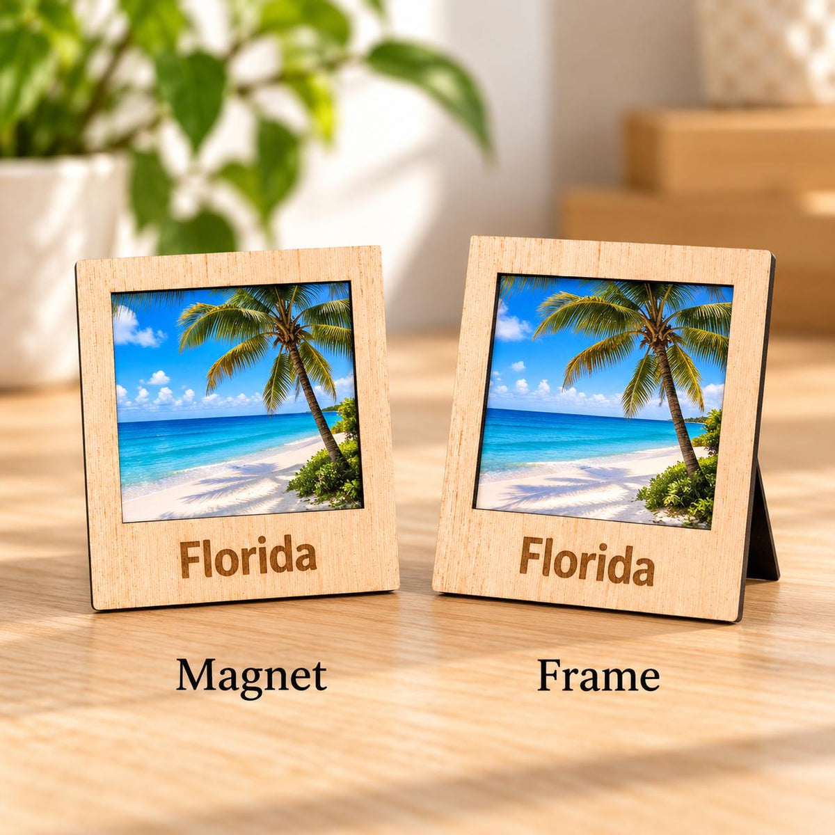 Wooden polaroid style photo magnet engraved State Name