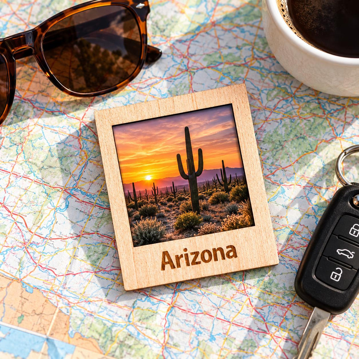 Wooden polaroid style photo magnet engraved State Name