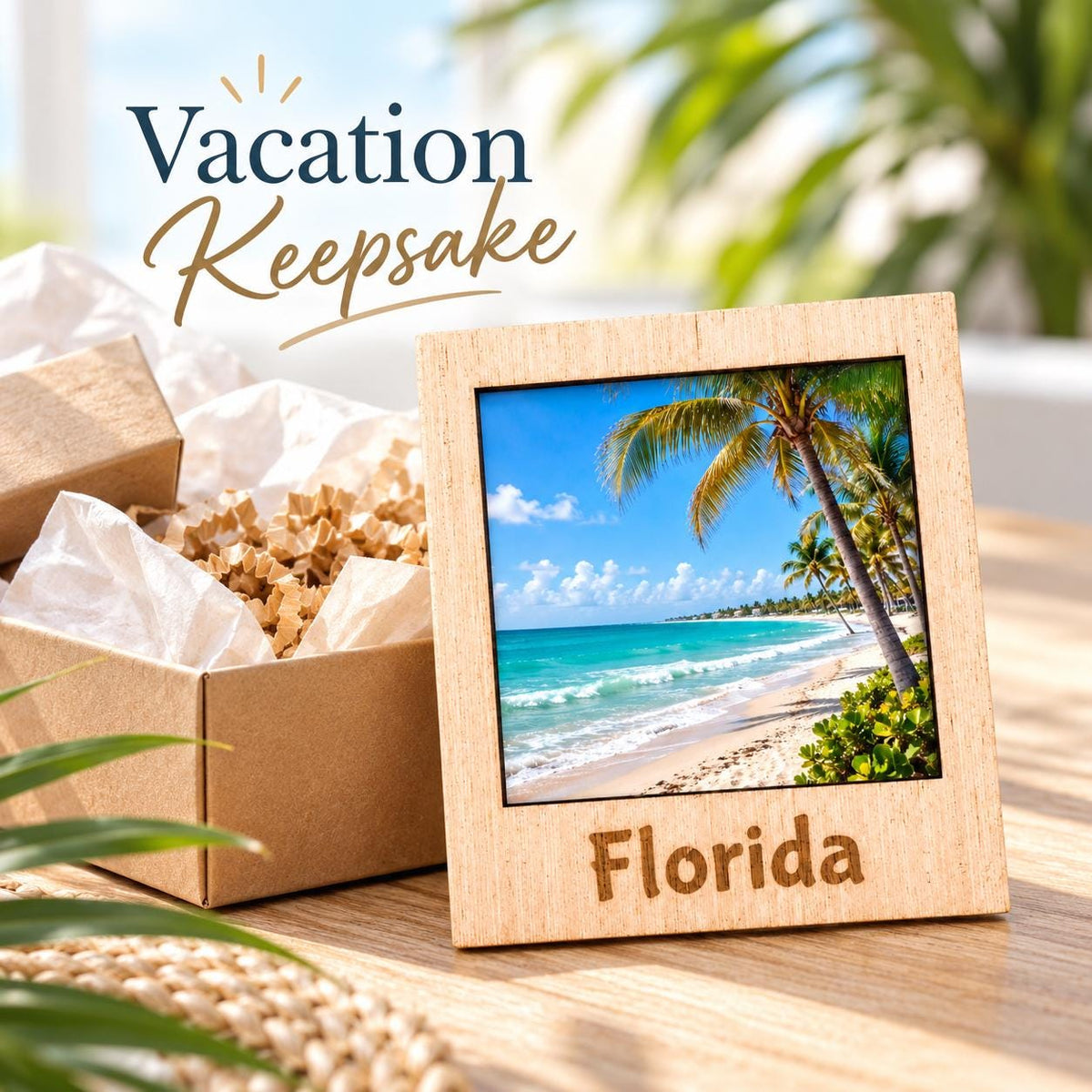 Wooden polaroid style photo magnet engraved State Name