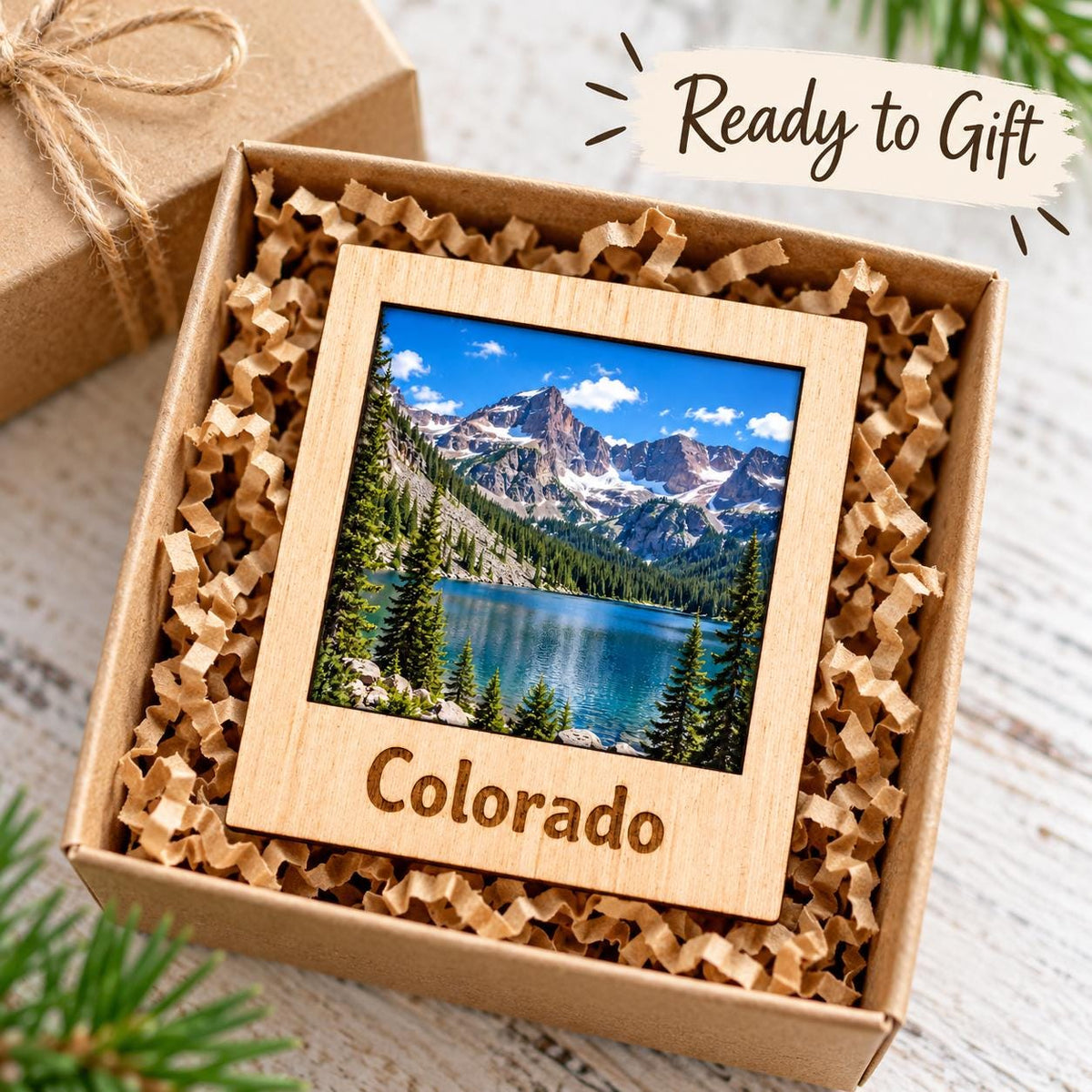 Wooden polaroid style photo magnet engraved State Name