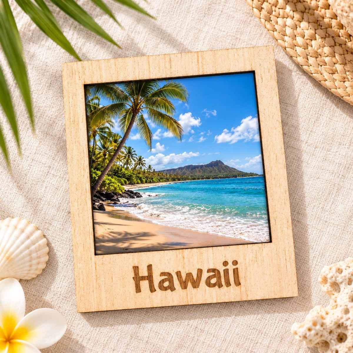 Wooden polaroid style photo magnet engraved State Name