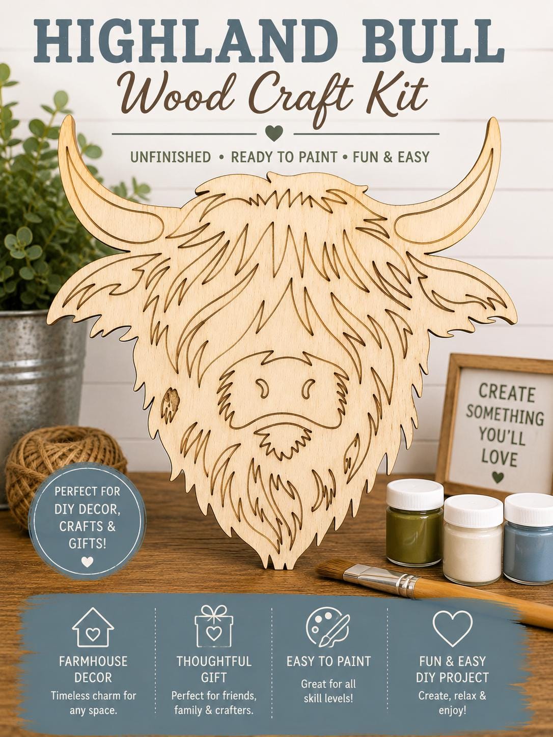Unfinished wooden highland cow sign kit to paint