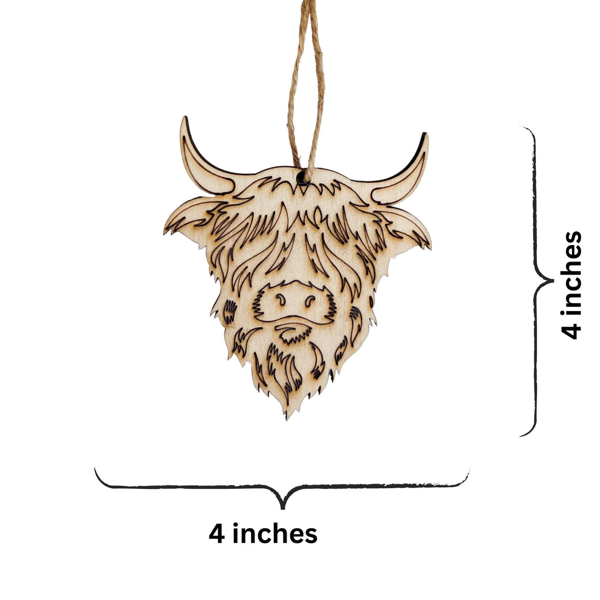 Unfinished wooden highland cow Christmas ornament to paint
