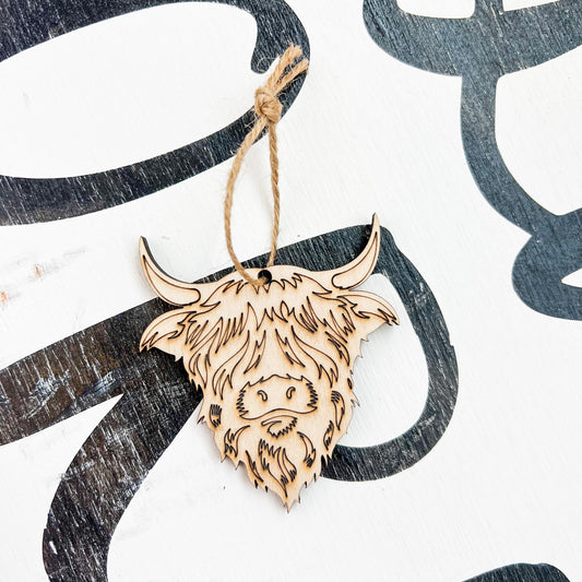 Unfinished wooden highland cow Christmas ornament to paint