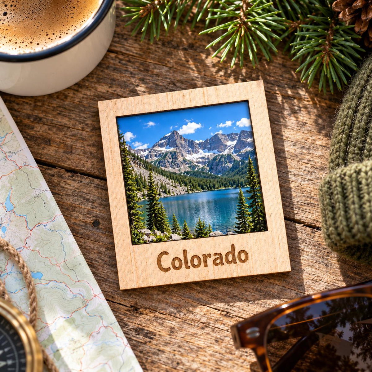 Wooden polaroid style photo magnet engraved Colorado