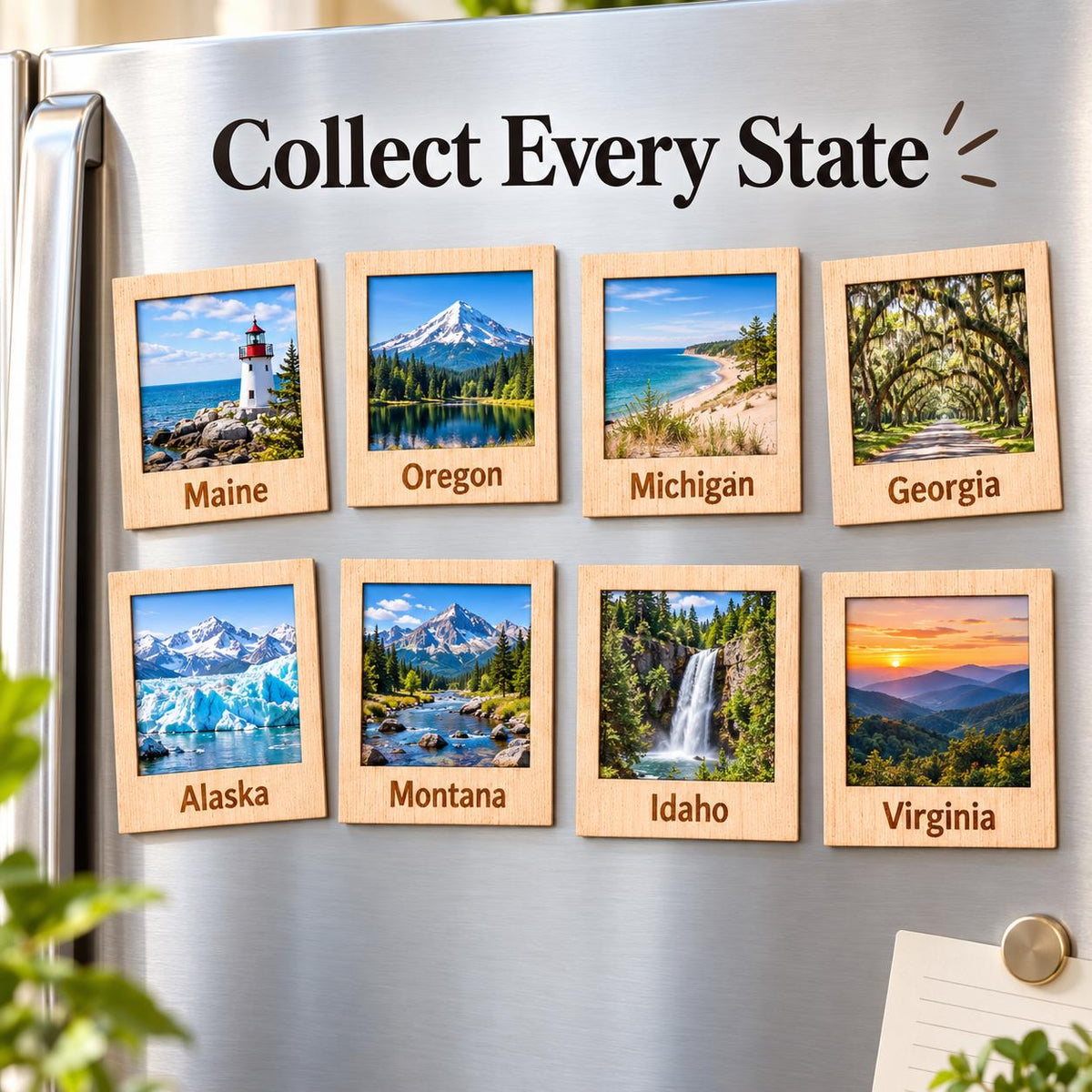 Wooden polaroid style photo magnet engraved State Name
