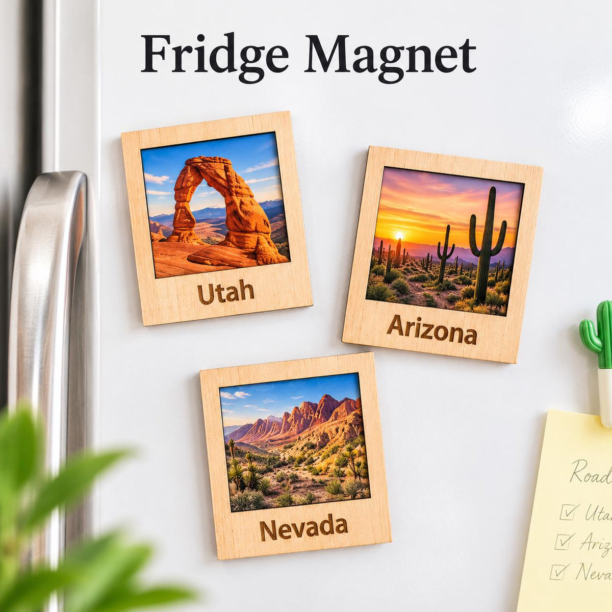 Wooden polaroid style photo magnet engraved State Name