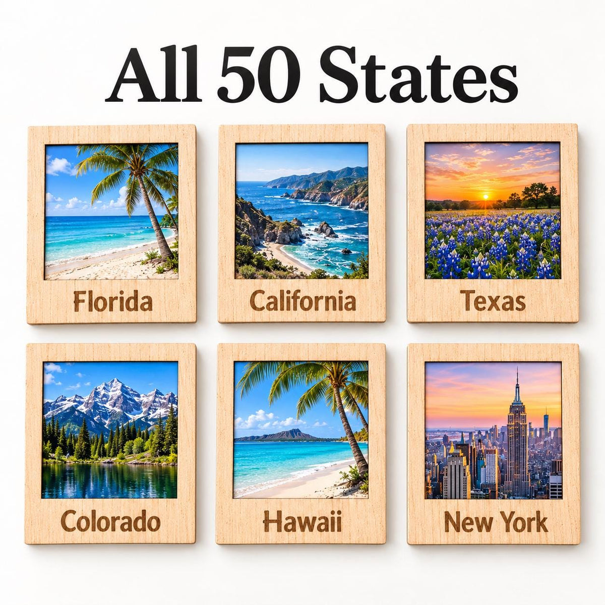 Wooden polaroid style photo magnet engraved State Name