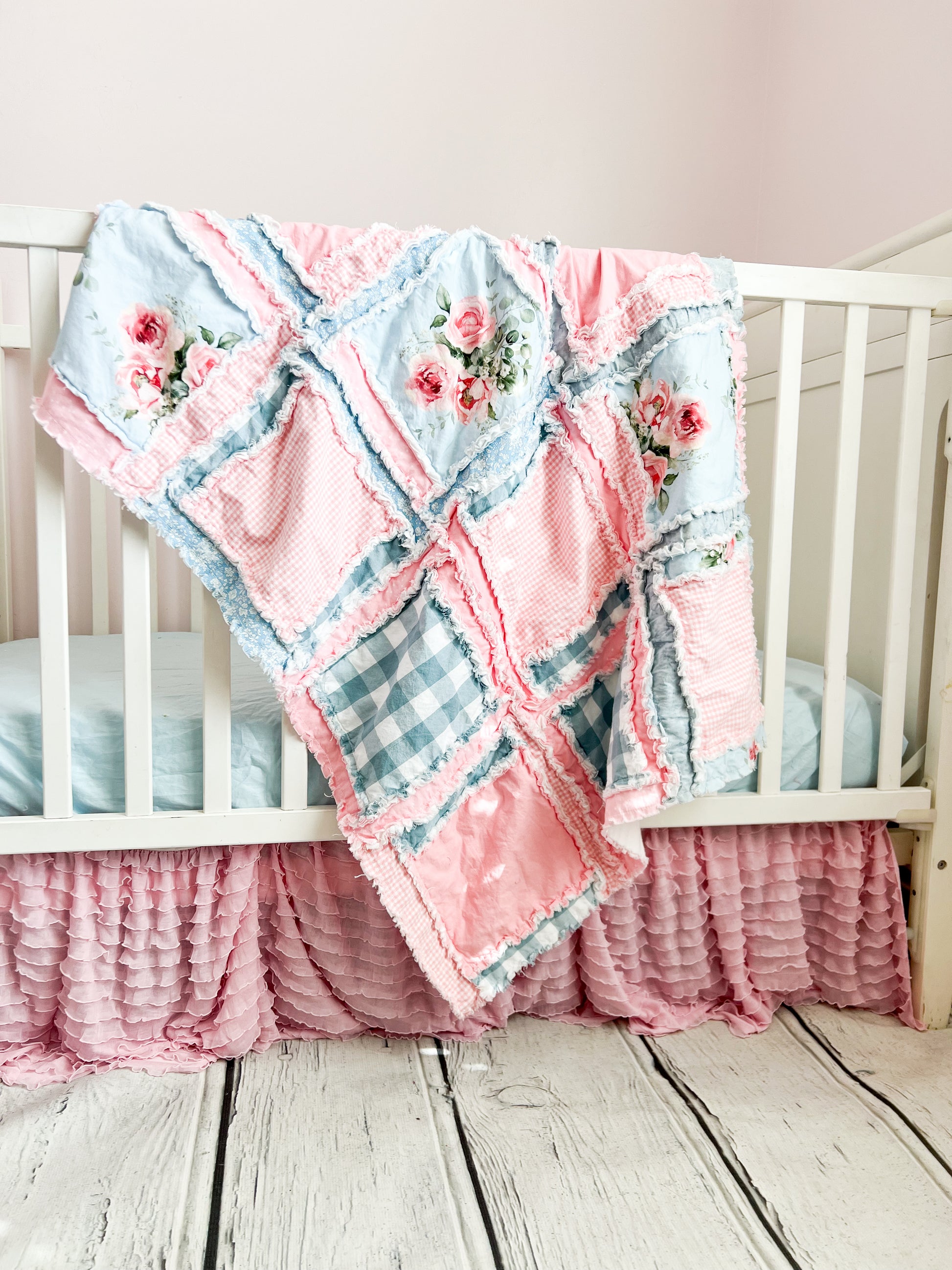 Shabby Baby Girl Rag Quilt | Vintage Pink and Blue Blankets - A Vision to Remember