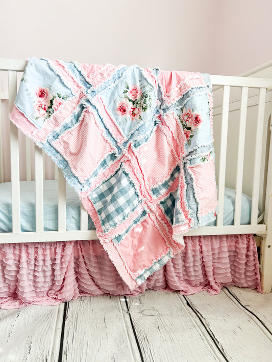 Shabby Baby Girl Rag Quilt | Vintage Pink and Blue Blankets - A Vision to Remember