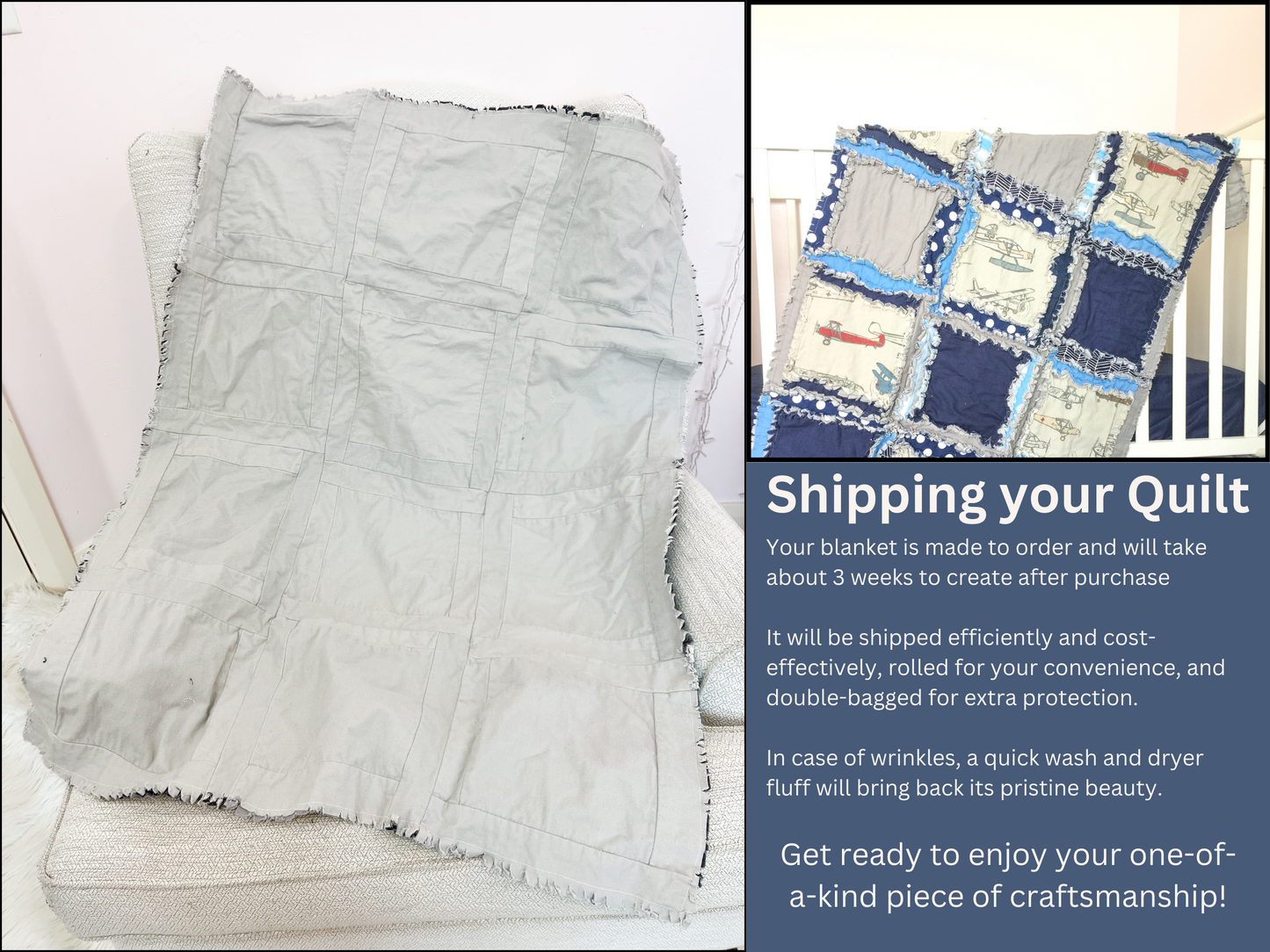 Blue Airplane Nursery Bedding | Handmade Rag Quilt for Baby Boy | Navy Blue & Gray - A Vision to Remember