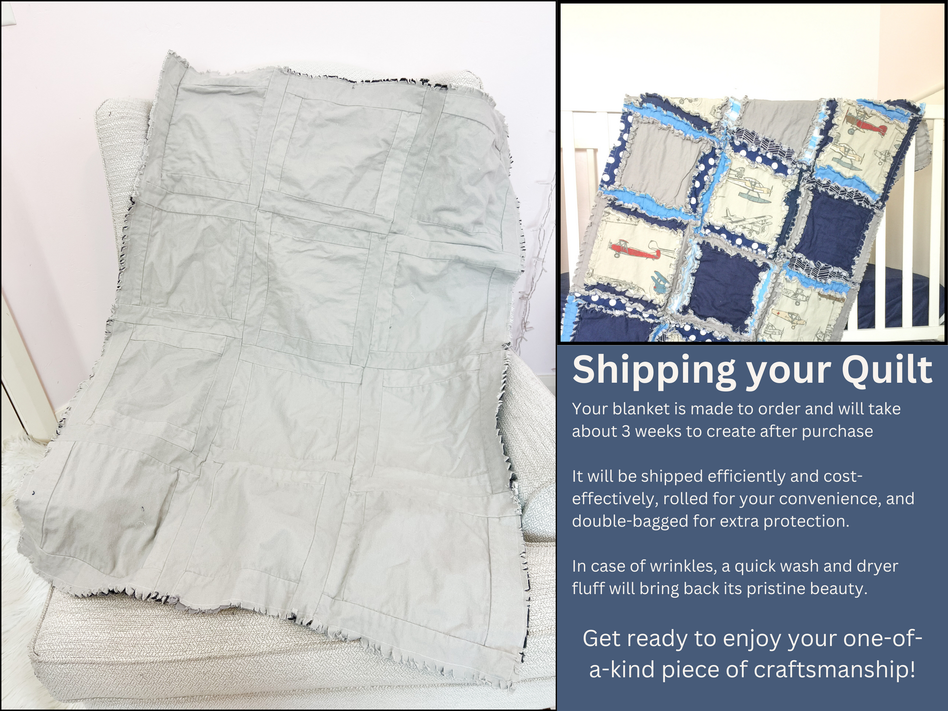 Blue Airplane Nursery Bedding | Handmade Rag Quilt for Baby Boy | Navy Blue & Gray - A Vision to Remember