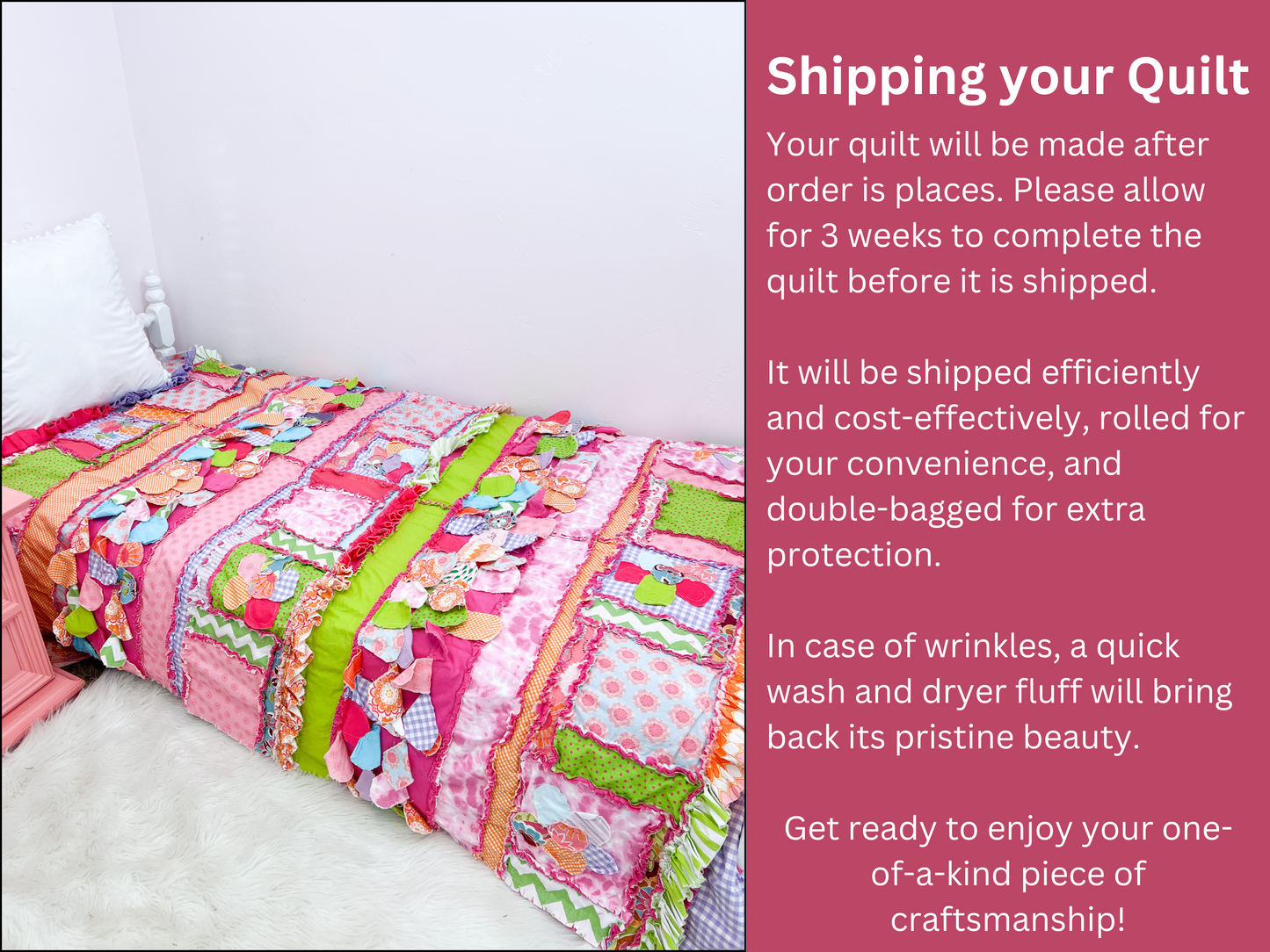 Colorful Floral Patchwork Rag Quilt for Girls – Bright Pink, Green, and Orange Bedding - A Vision to Remember