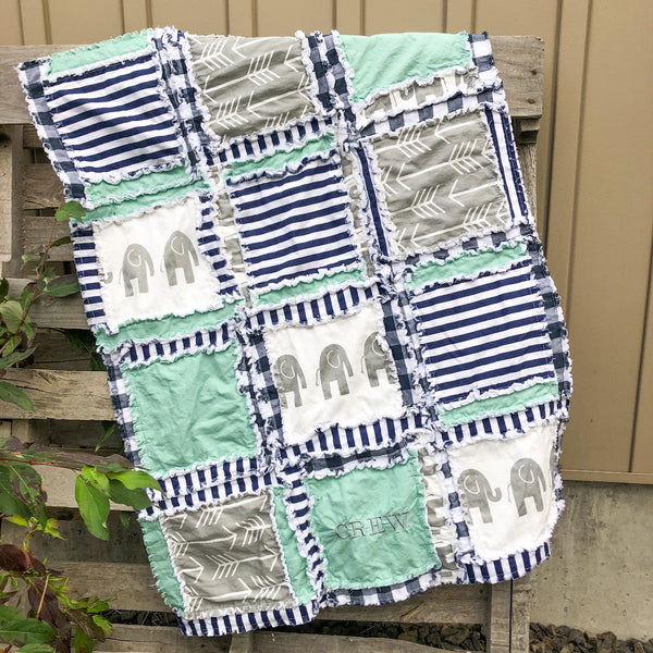 Elephant Crib Set - Mint / Navy / Gray - A Vision to Remember