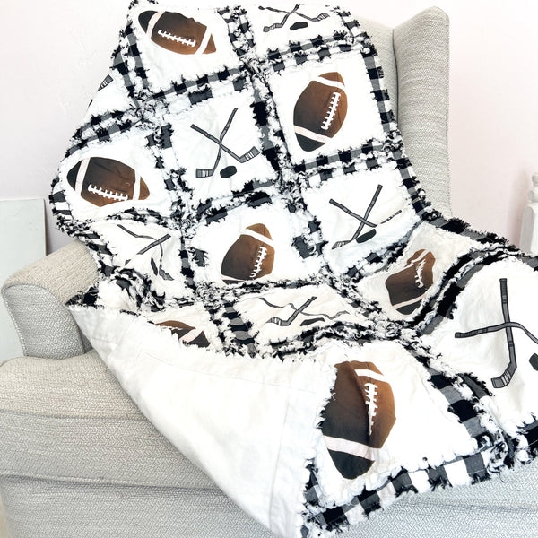 Sport Baby Quilt - Black / White - Football / Hockey - A Vision to Remember