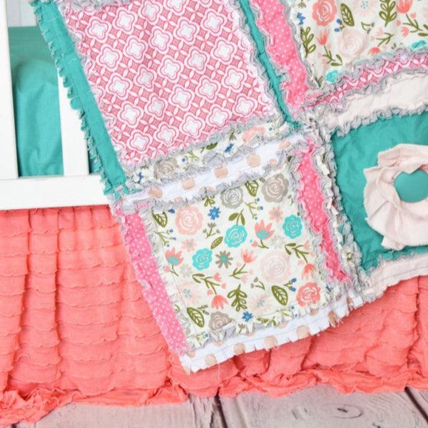 Aqua and coral top crib bedding