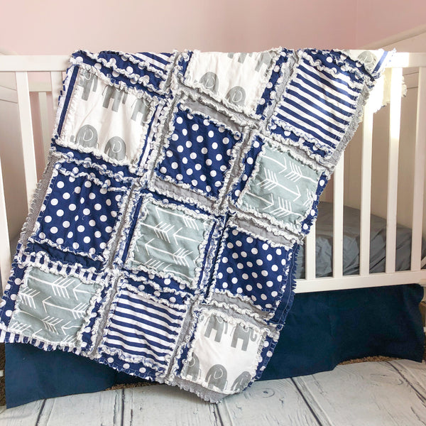 Elephant Crib Bedding - Navy Blue Polka Dots / Gray Nursery - A Vision to Remember