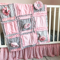 Ruffle Flower Baby Girl Crib Bedding - Baby Pink / Gray - A Vision to Remember