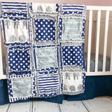 Elephant Crib Bedding - Navy Blue Polka Dots / Gray Nursery - A Vision to Remember